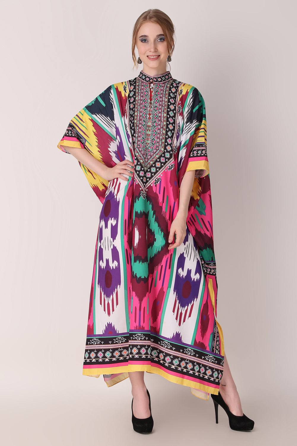 Rabiya - Noha - Collared Kaftan Ikat Print Full Length