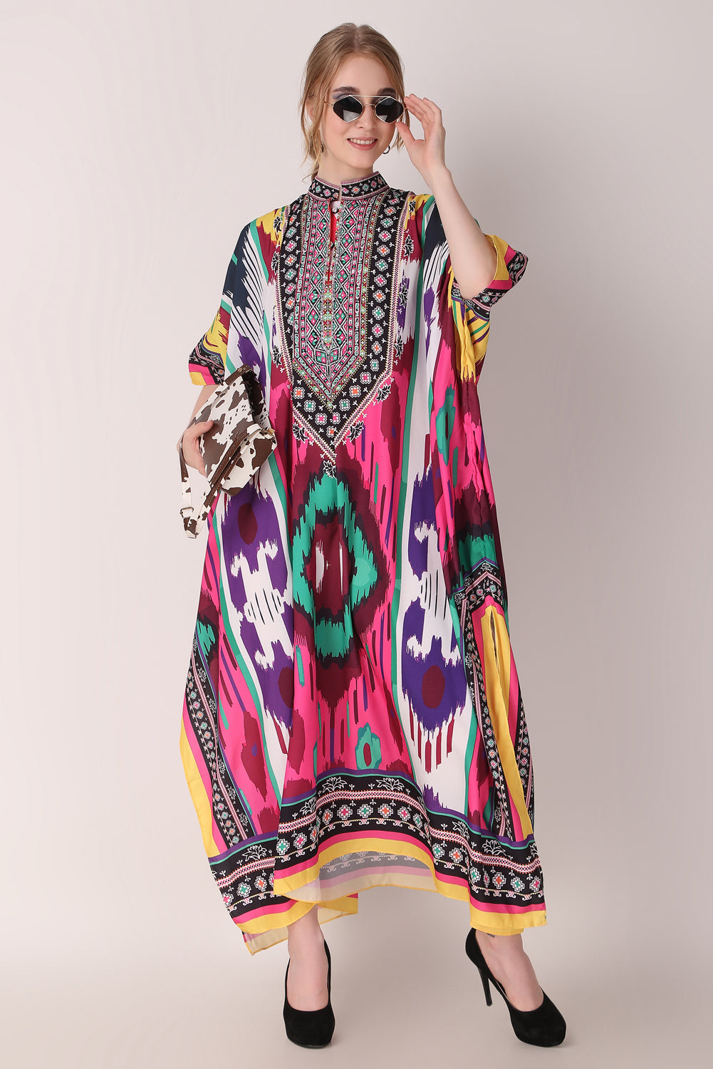 Rabiya - Noha - Collared Kaftan Ikat Print Full Length