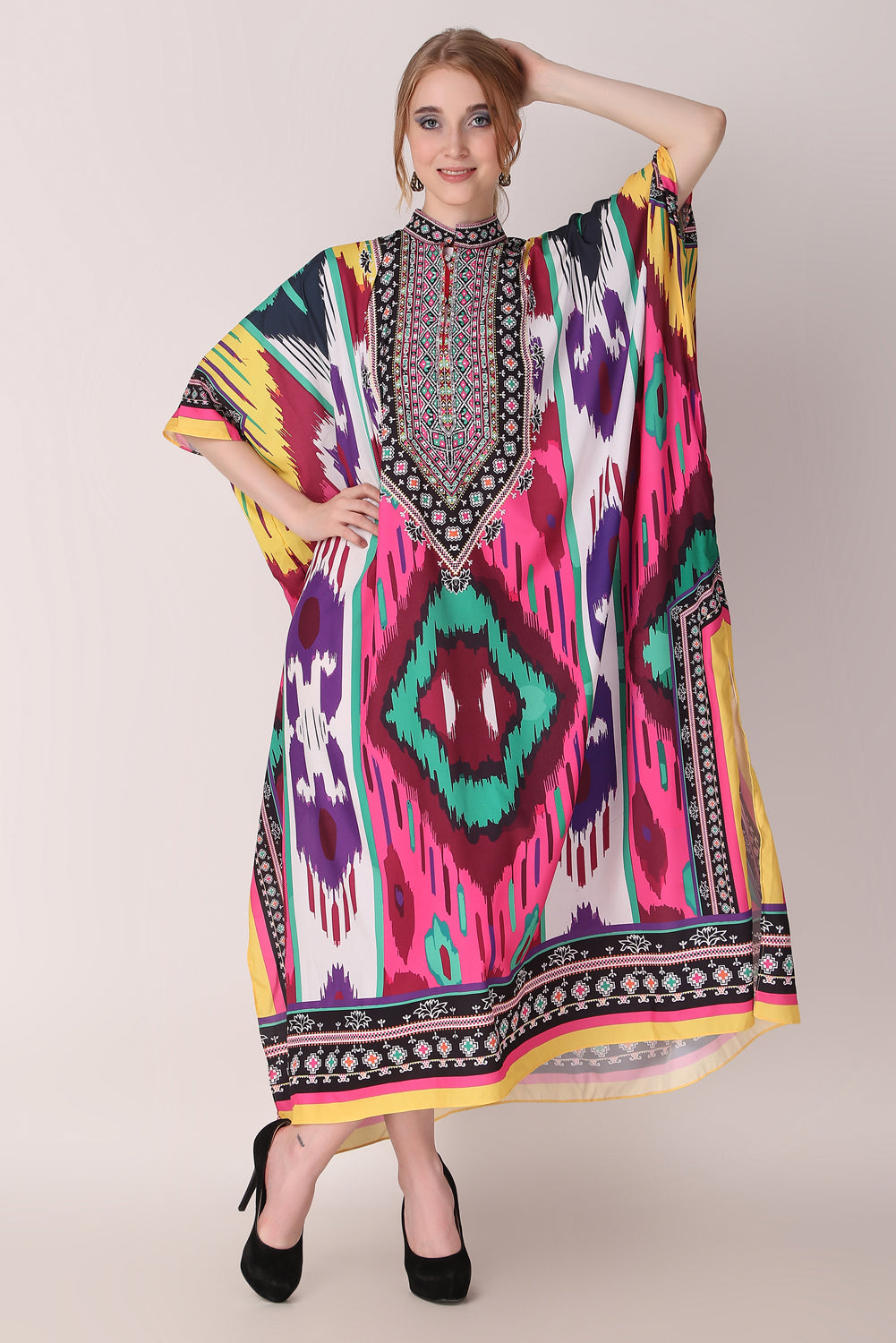 Rabiya - Noha - Collared Kaftan Ikat Print Full Length