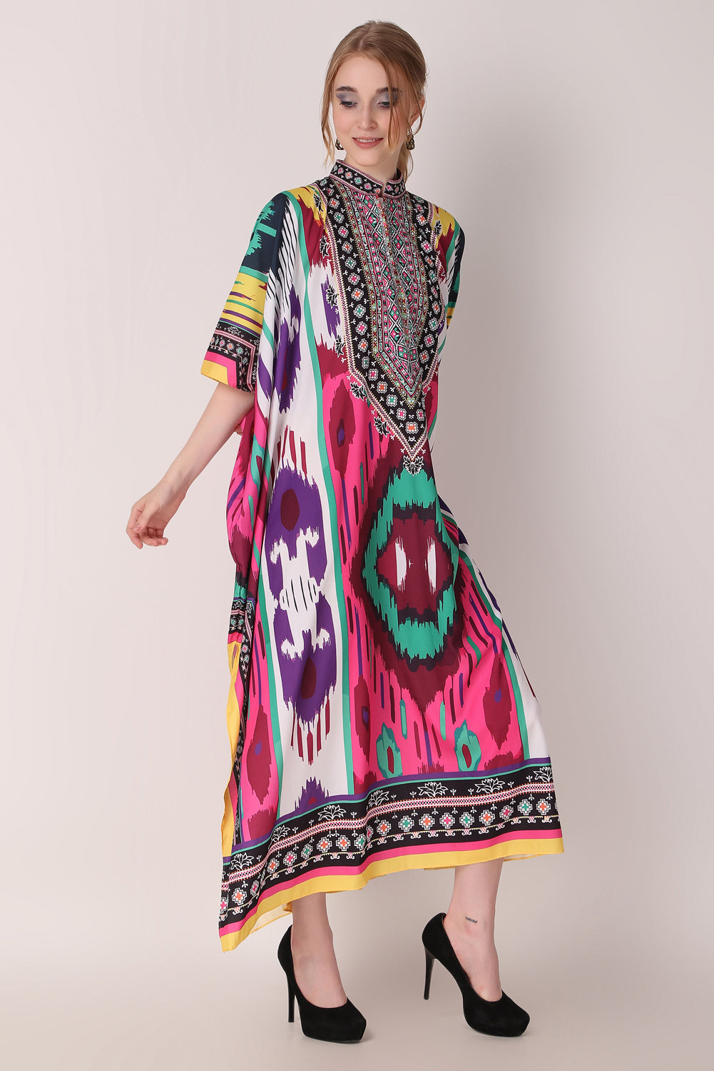 Rabiya - Noha - Collared Kaftan Ikat Print Full Length