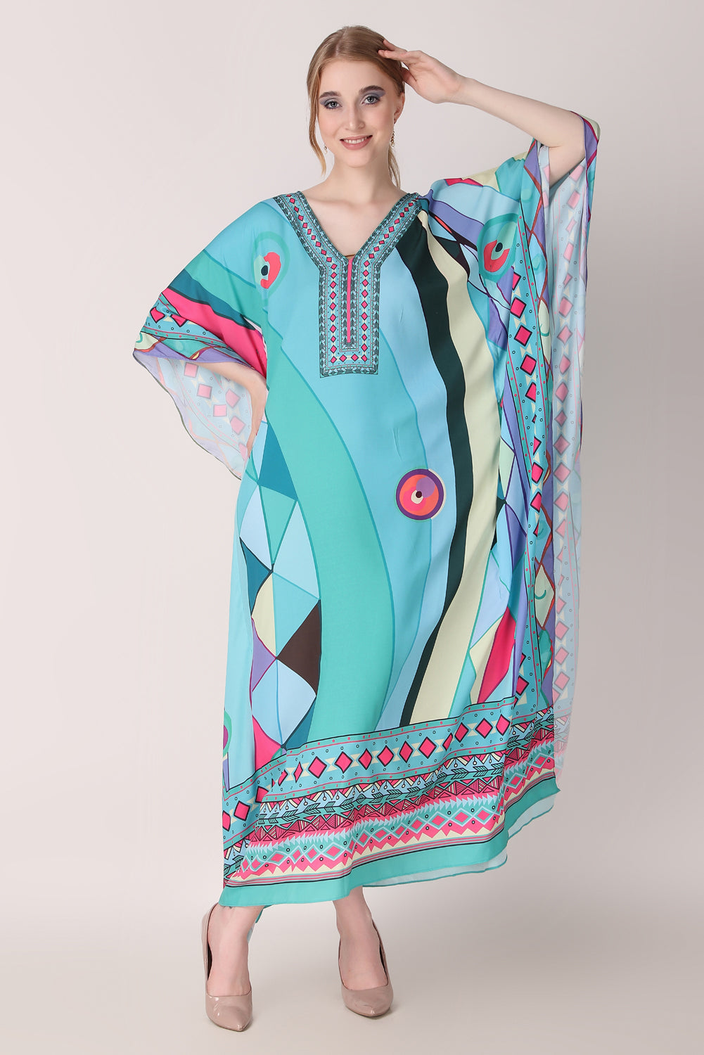 Rabiya - Noha - V Neck Designer Kaftan Dress For Beach Wear And Regular Wear