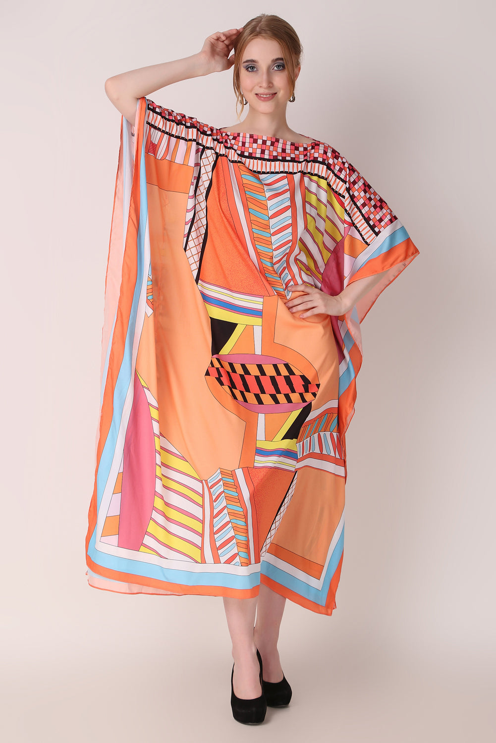 Rabiya - Noha - Orange Silk Caftan Silk Kaftan Plus Size, Luxury Silk Kaftan Maxi Dress, Abstract Silk Kaftan Long Dress Pink Orange Caftan Dress for Woman