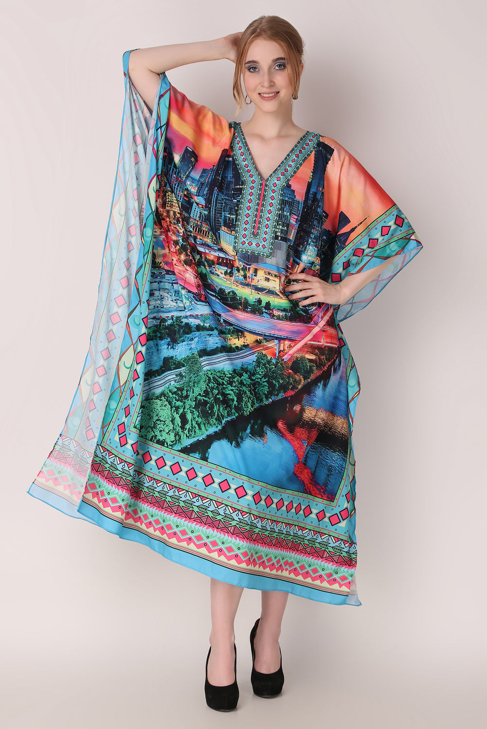 Rabiya - Noha - Hand Painting Digital Print V Neck Designer Kaftan