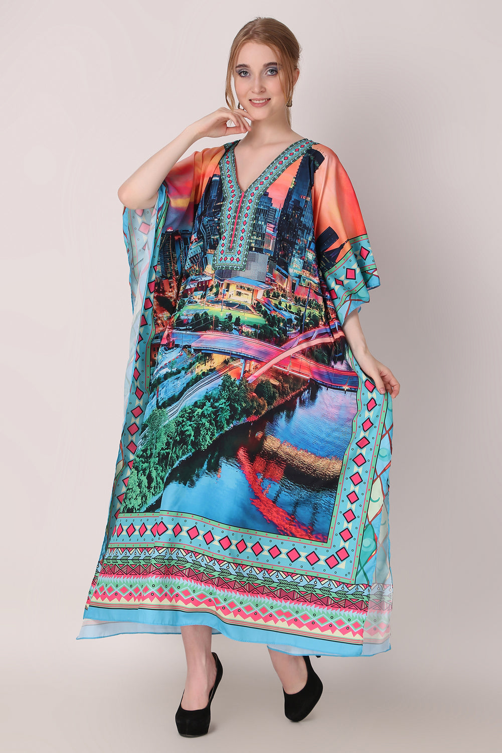 Rabiya - Noha - Hand Painting Digital Print V Neck Designer Kaftan