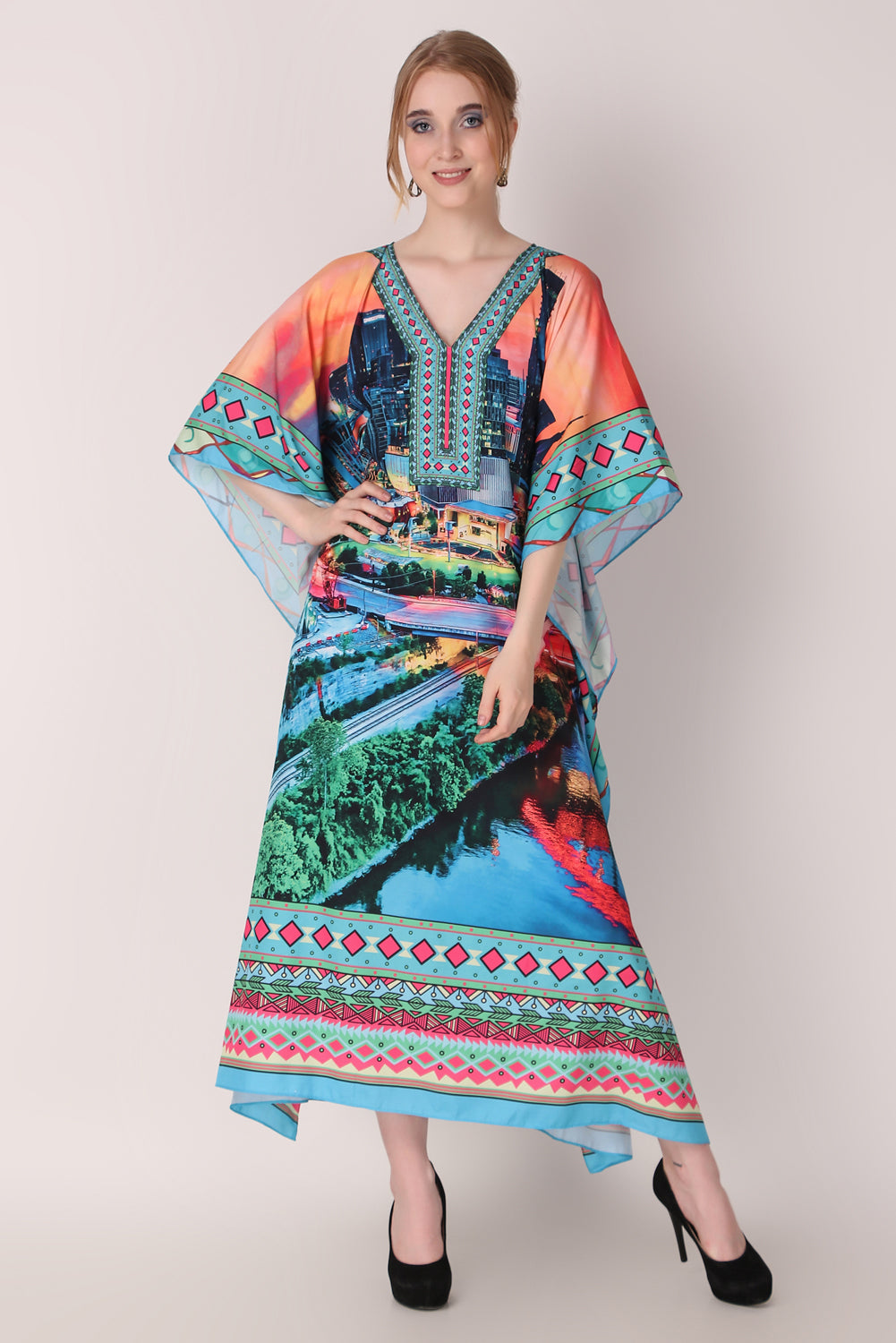 Rabiya - Noha - Hand Painting Digital Print V Neck Designer Kaftan