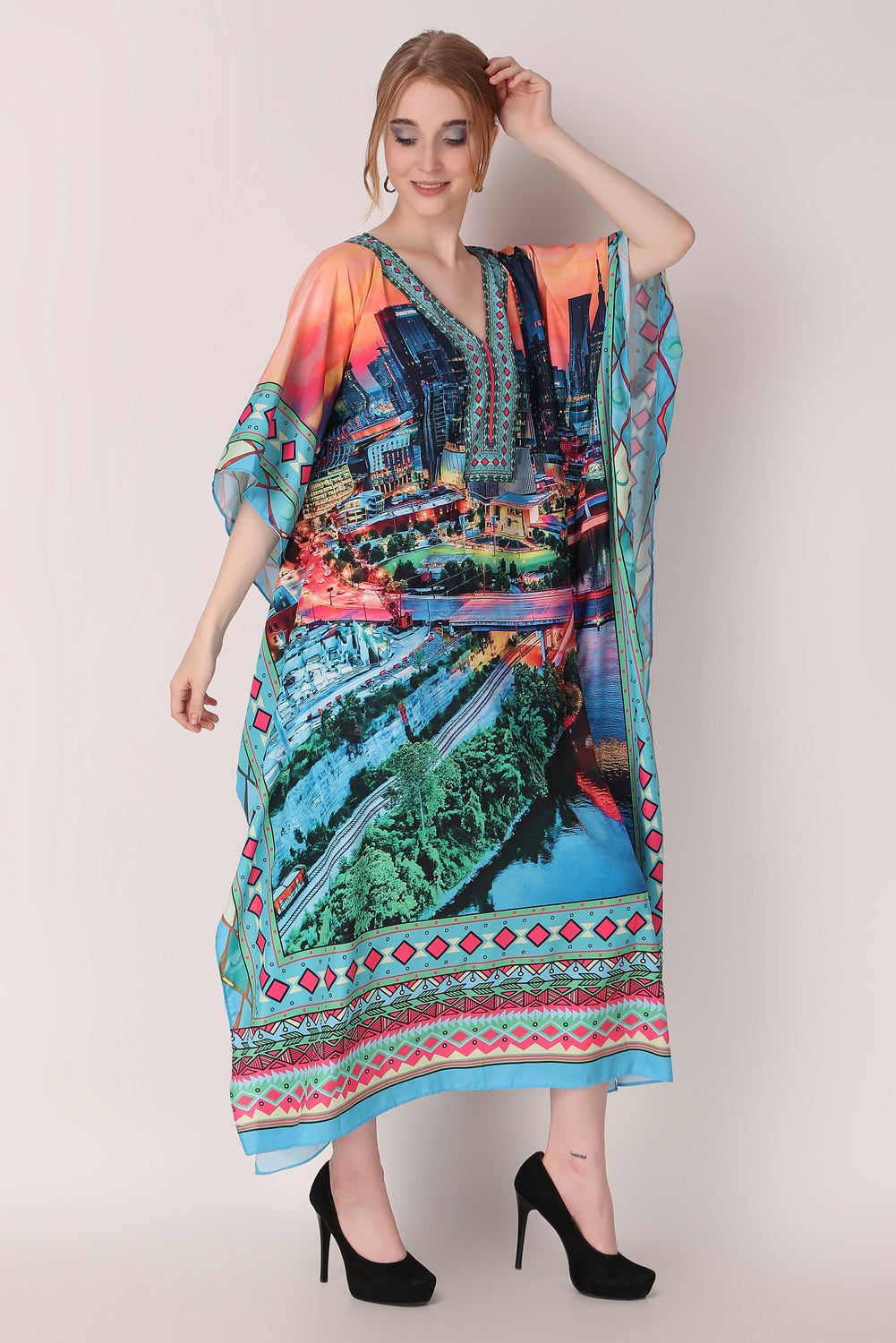 Rabiya - Noha - Hand Painting Digital Print V Neck Designer Kaftan