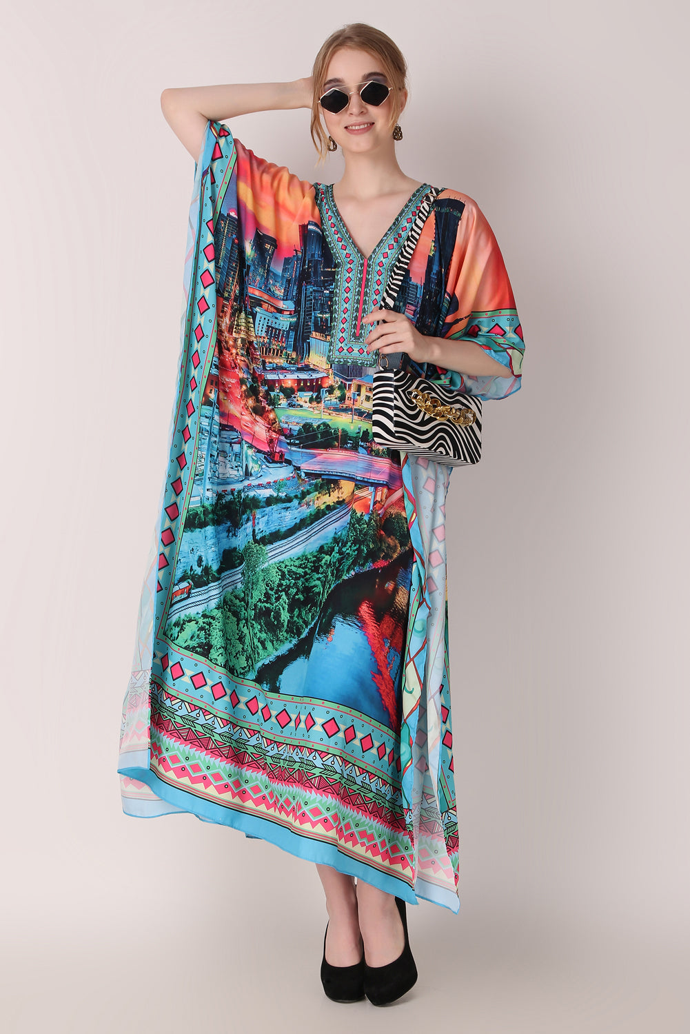 Rabiya - Noha - Hand Painting Digital Print V Neck Designer Kaftan