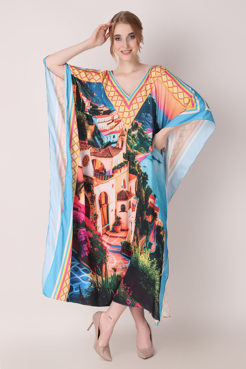 Rabiya - Noha - V Neck Designer Kaftan Dress Scenery Digital Print