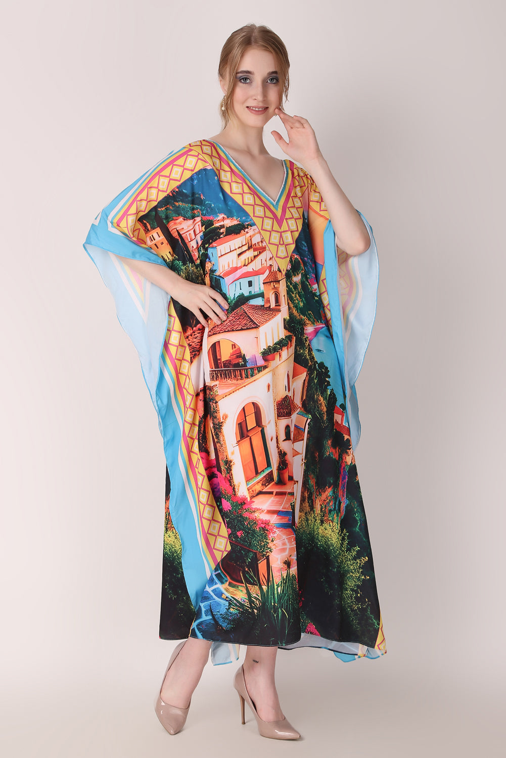 Rabiya - Noha - V Neck Designer Kaftan Dress Scenery Digital Print