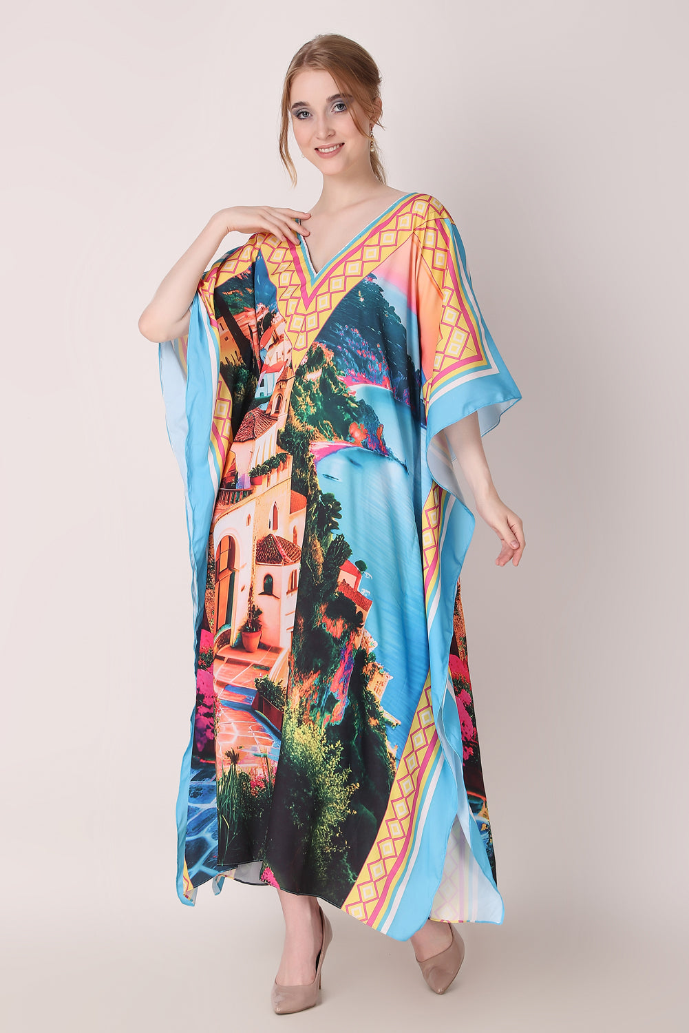 Rabiya - Noha - V Neck Designer Kaftan Dress Scenery Digital Print