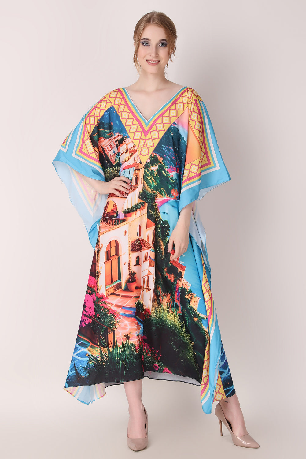 Rabiya - Noha - V Neck Designer Kaftan Dress Scenery Digital Print