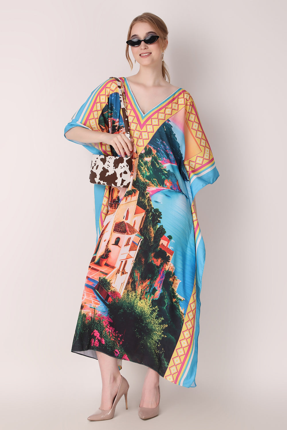 Rabiya - Noha - V Neck Designer Kaftan Dress Scenery Digital Print