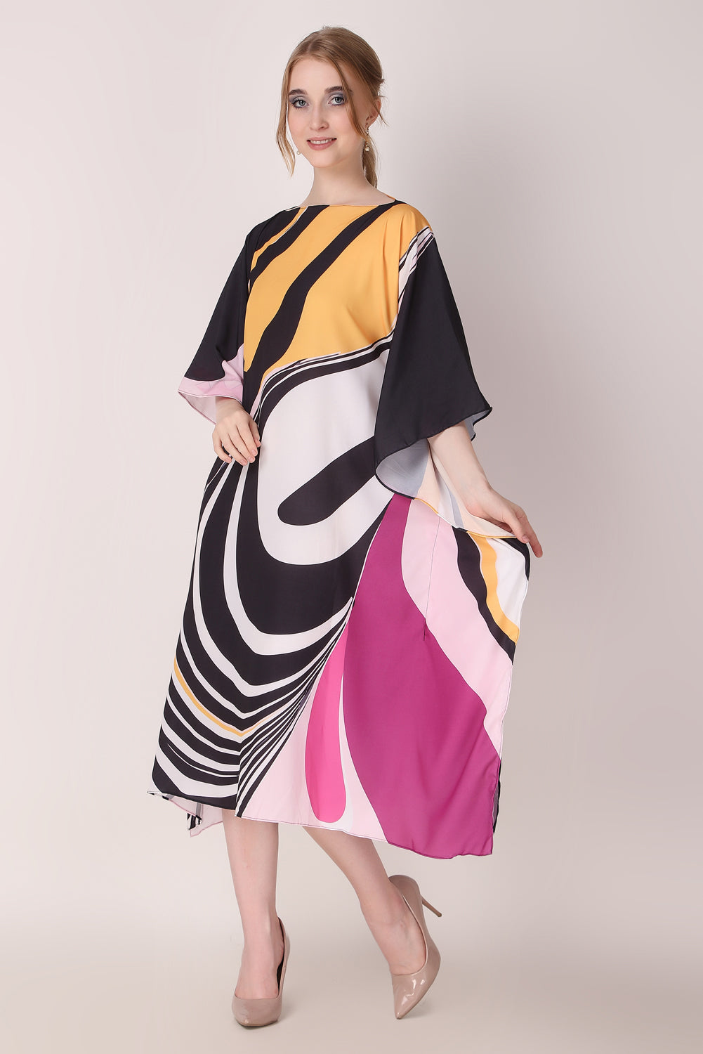 Rabiya - Noha - Yellow And Black Abstract Print Kaftan