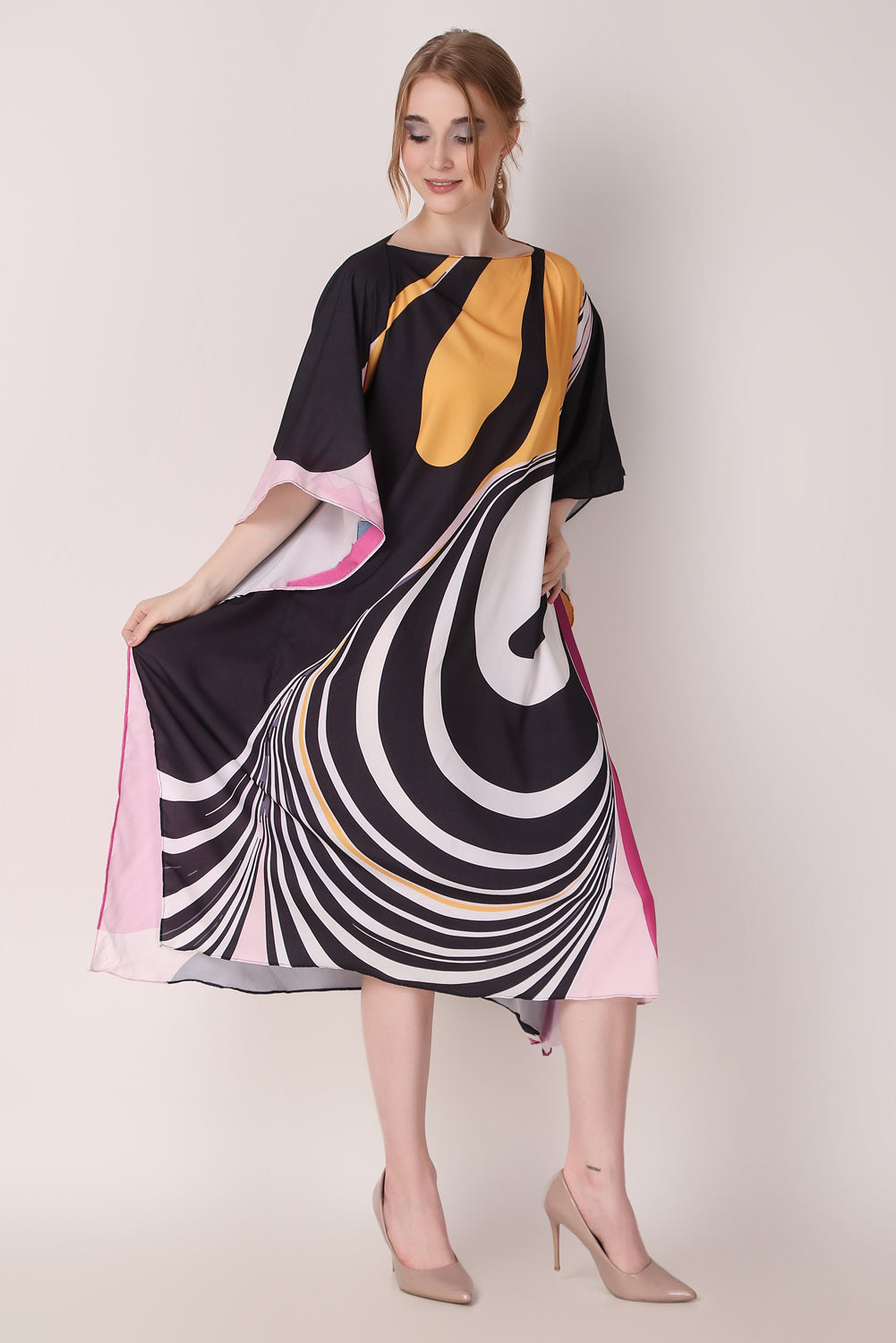 Rabiya - Noha - Yellow And Black Abstract Print Kaftan