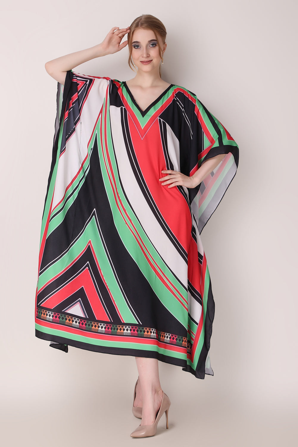 Rabiya - Noha - Printed Stipe Green And Red Kaftan Dress