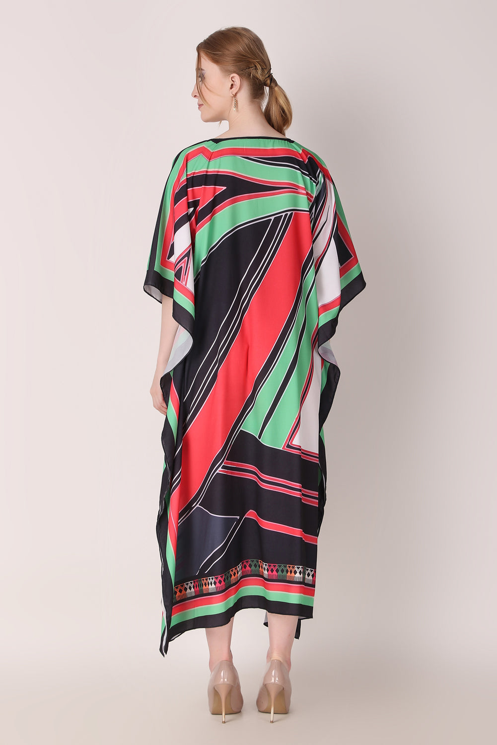 Rabiya - Noha - Printed Stipe Green And Red Kaftan Dress