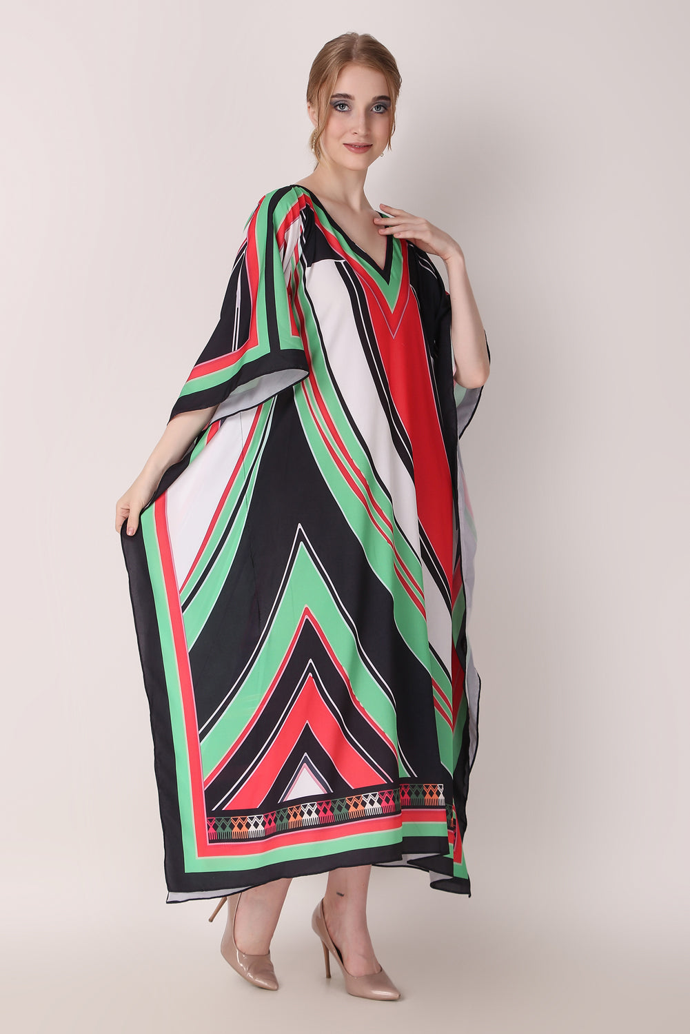 Rabiya - Noha - Printed Stipe Green And Red Kaftan Dress