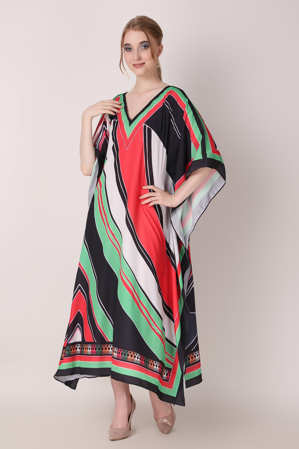 Rabiya - Noha - Printed Stipe Green And Red Kaftan Dress