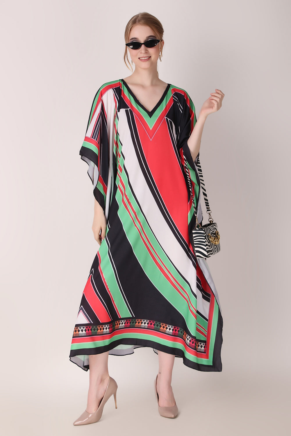 Rabiya - Noha - Printed Stipe Green And Red Kaftan Dress