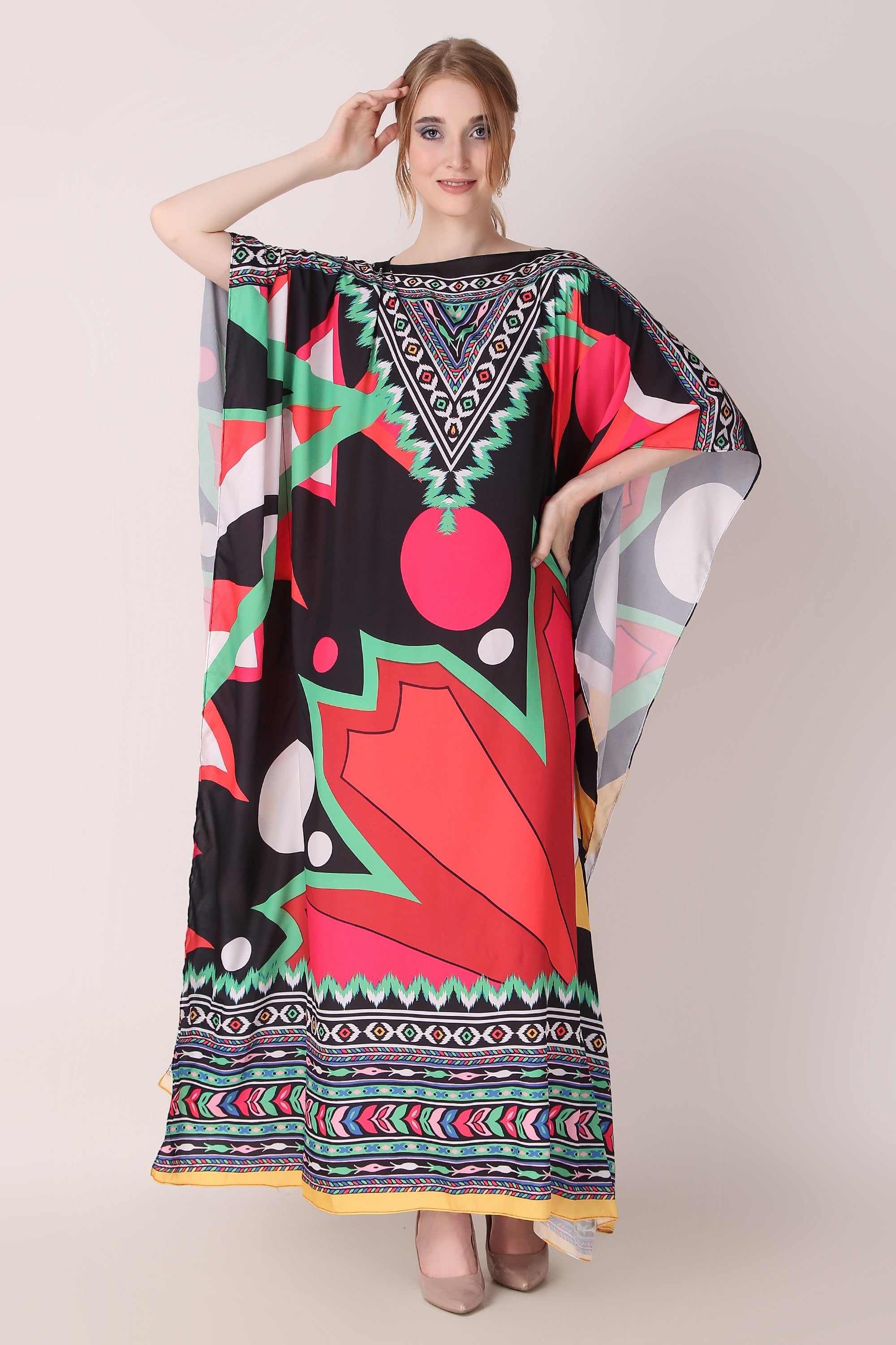 Rabiya - Noha - Printed Red and Black Abstract Designer Kaftan