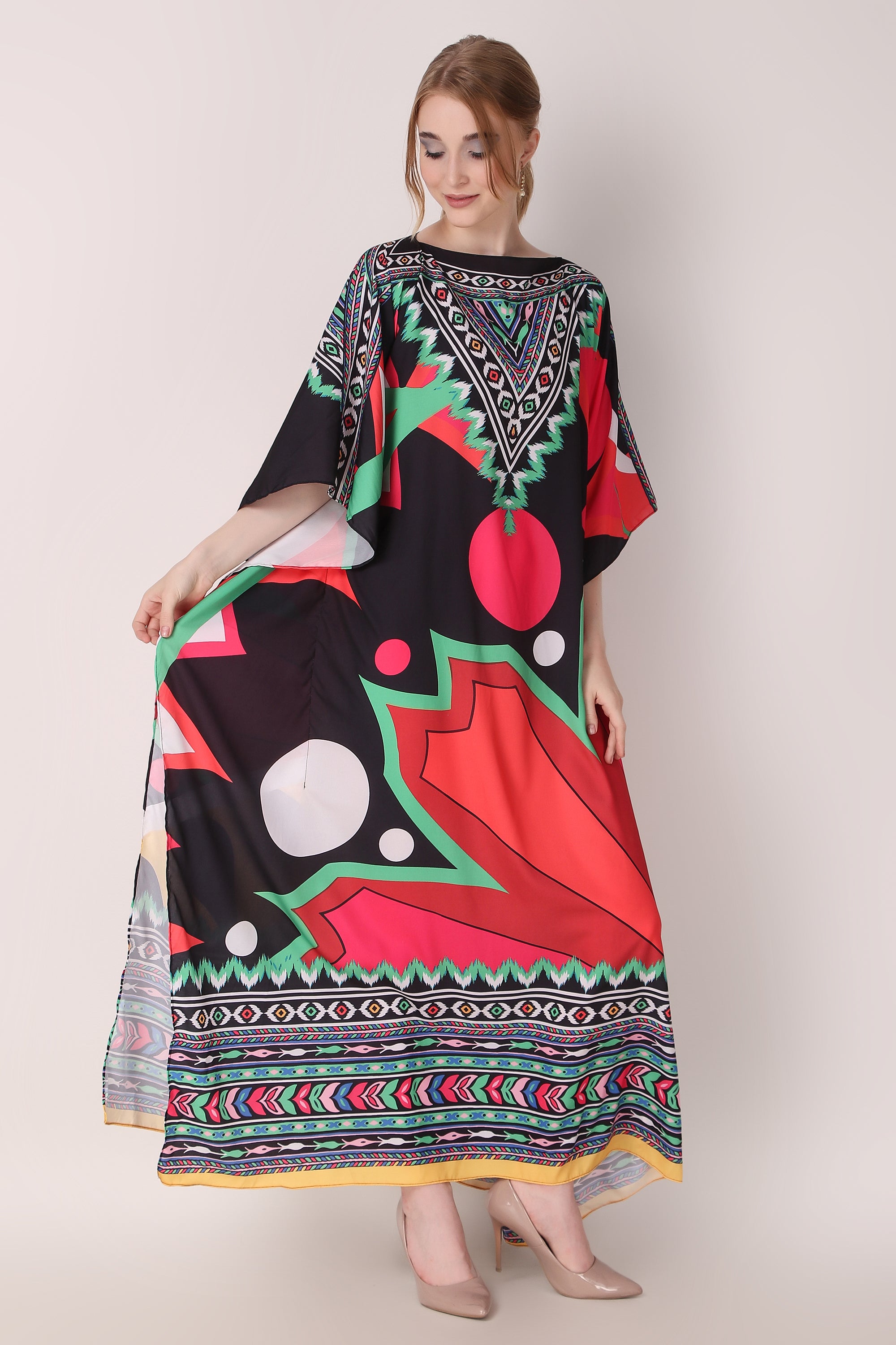 Rabiya - Noha - Printed Red and Black Abstract Designer Kaftan