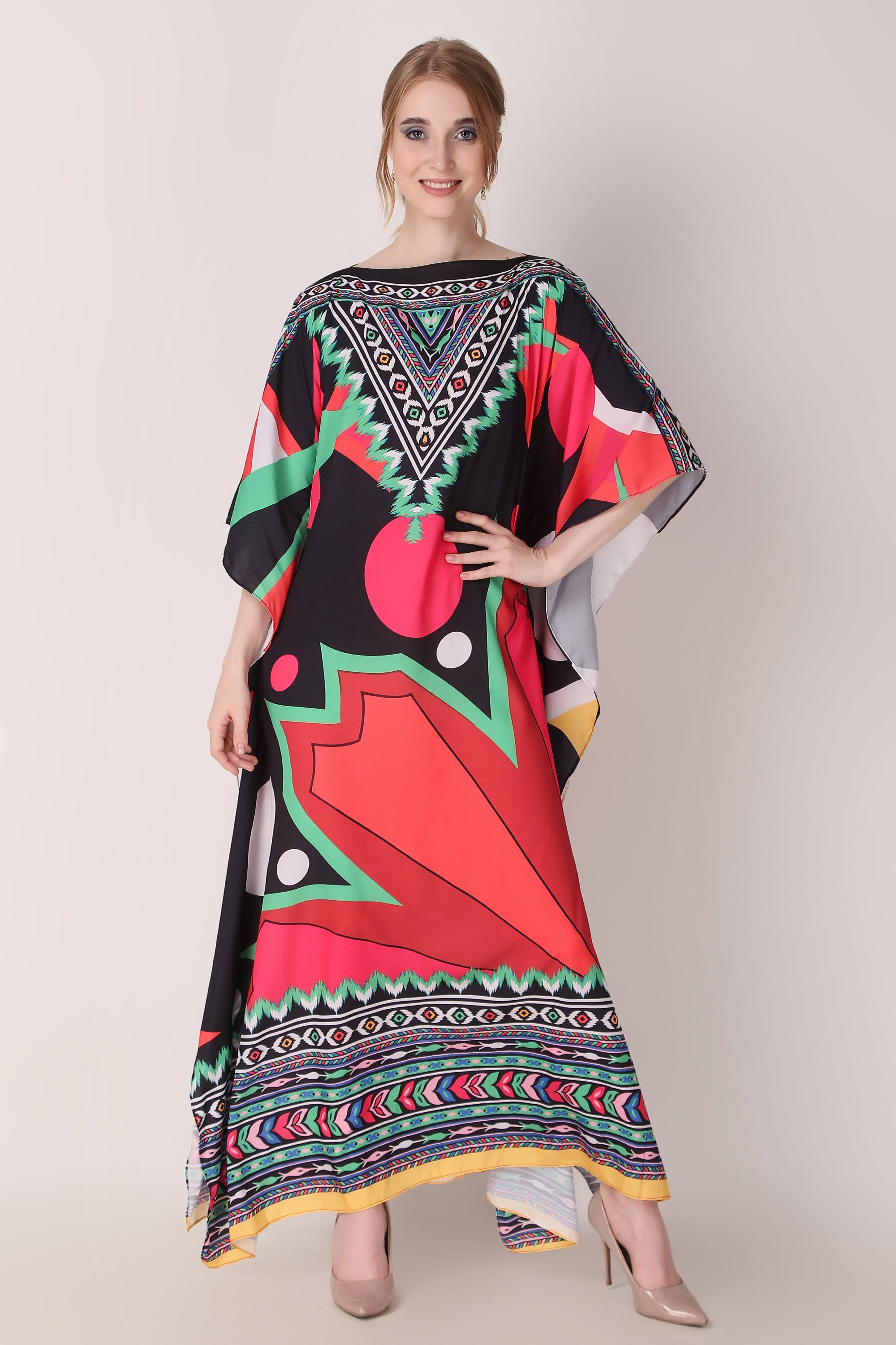 Rabiya - Noha - Printed Red and Black Abstract Designer Kaftan