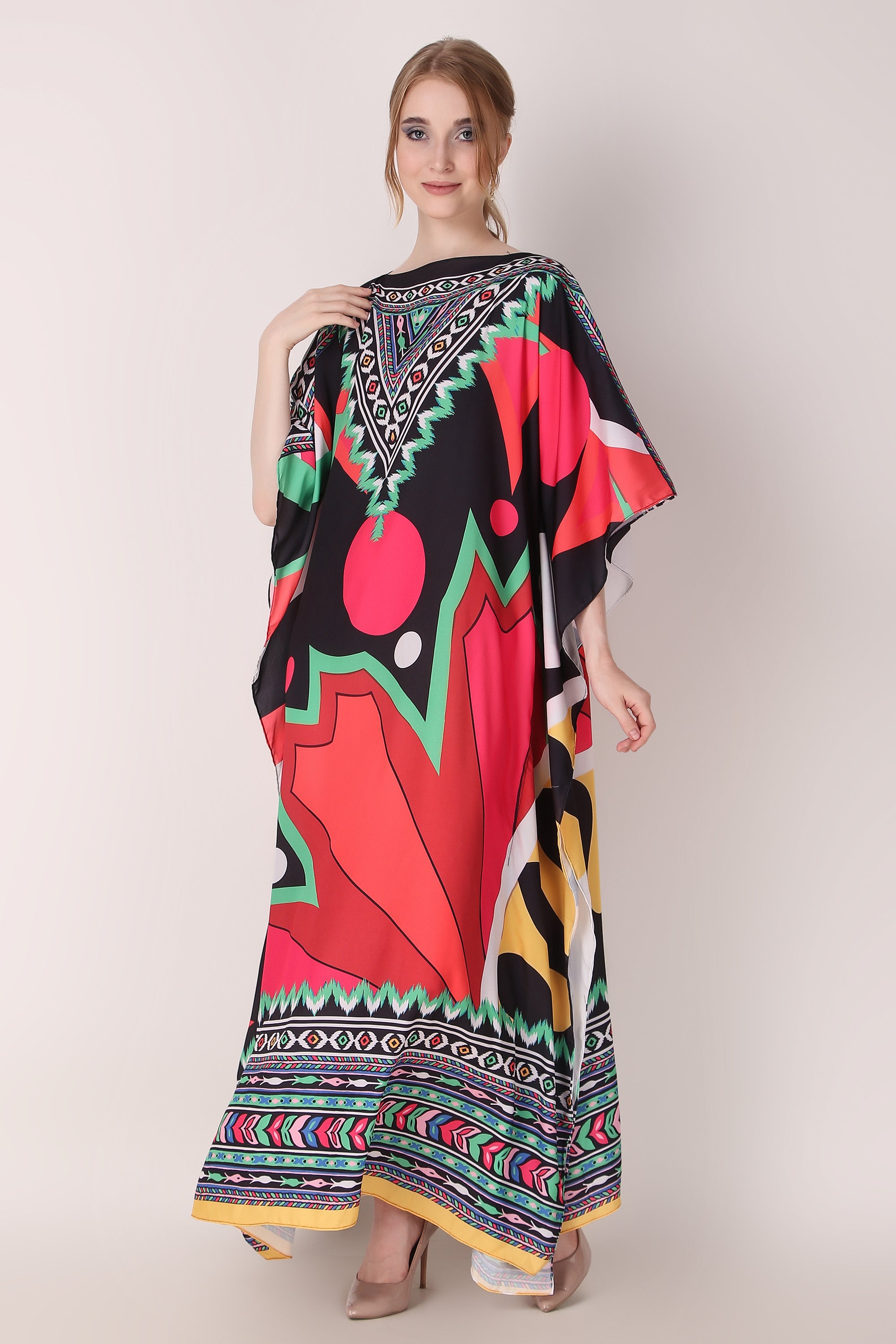 Rabiya - Noha - Printed Red and Black Abstract Designer Kaftan