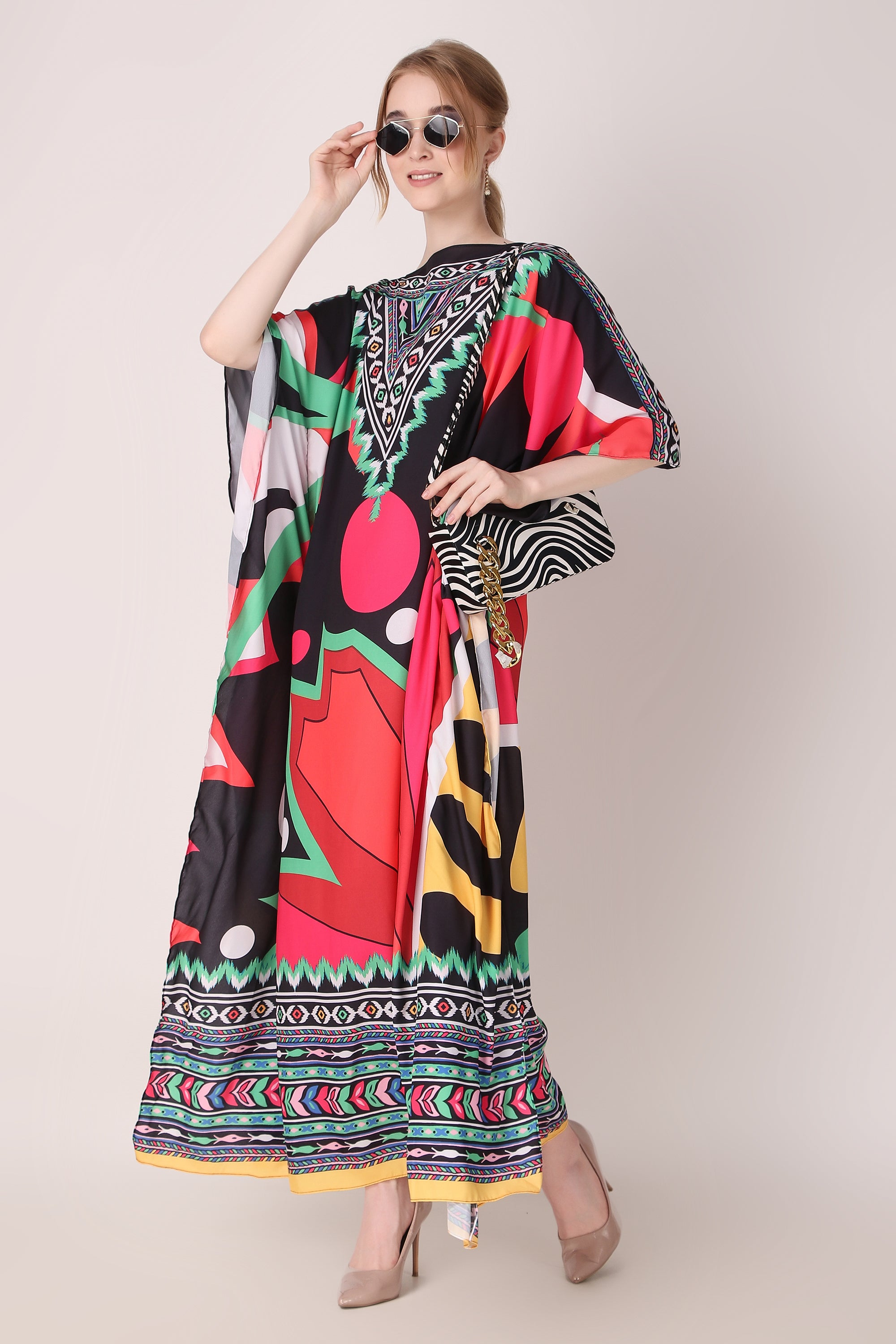 Rabiya - Noha - Printed Red and Black Abstract Designer Kaftan