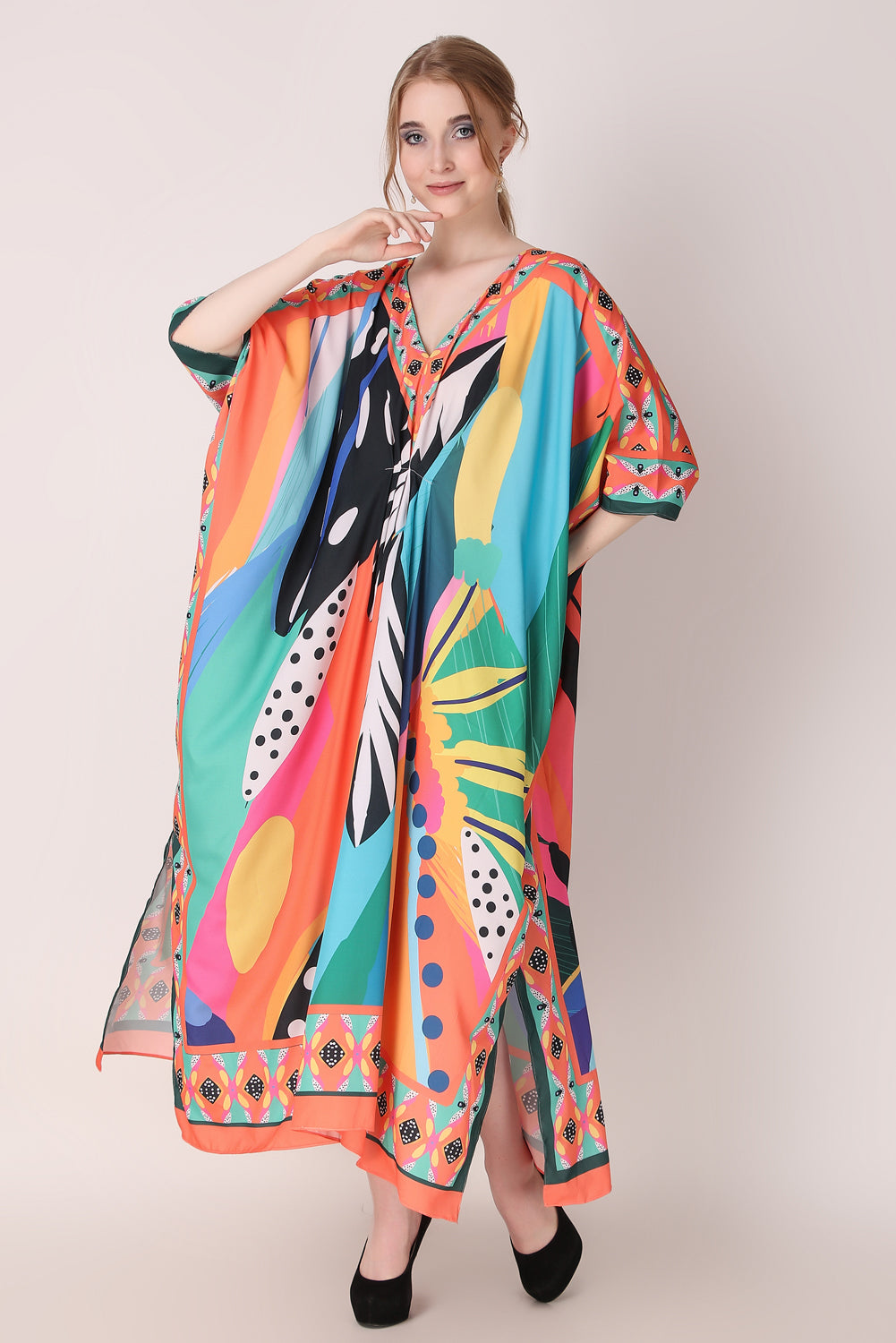 Rabiya - Noha - Printed Tropical Abstract Designer Kaftan Beach Wear