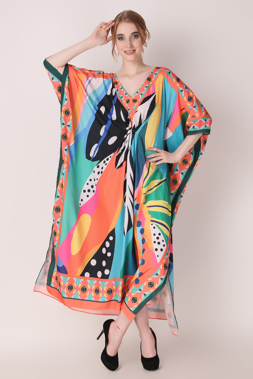 Rabiya - Noha - Printed Tropical Abstract Designer Kaftan Beach Wear