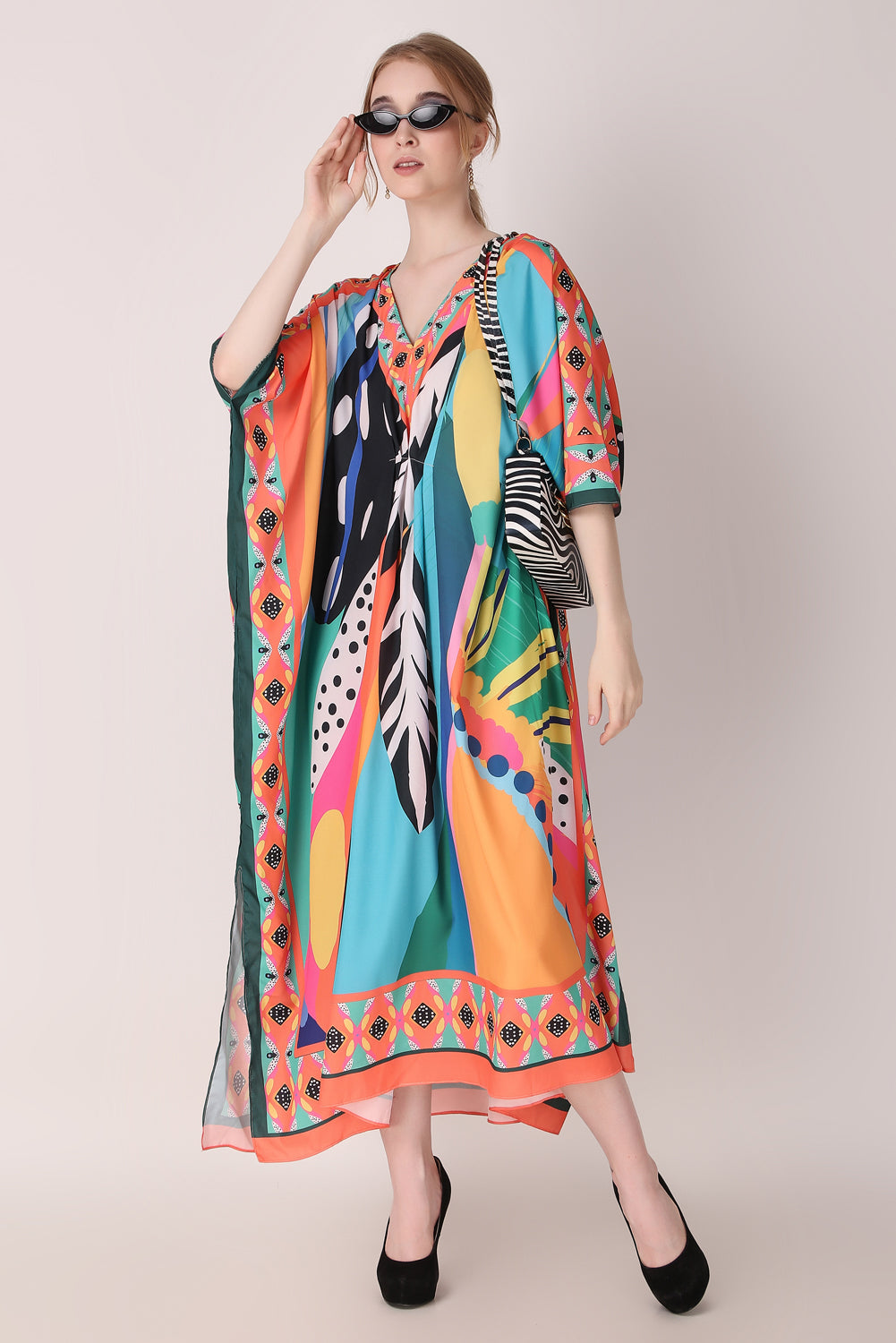 Rabiya - Noha - Printed Tropical Abstract Designer Kaftan Beach Wear