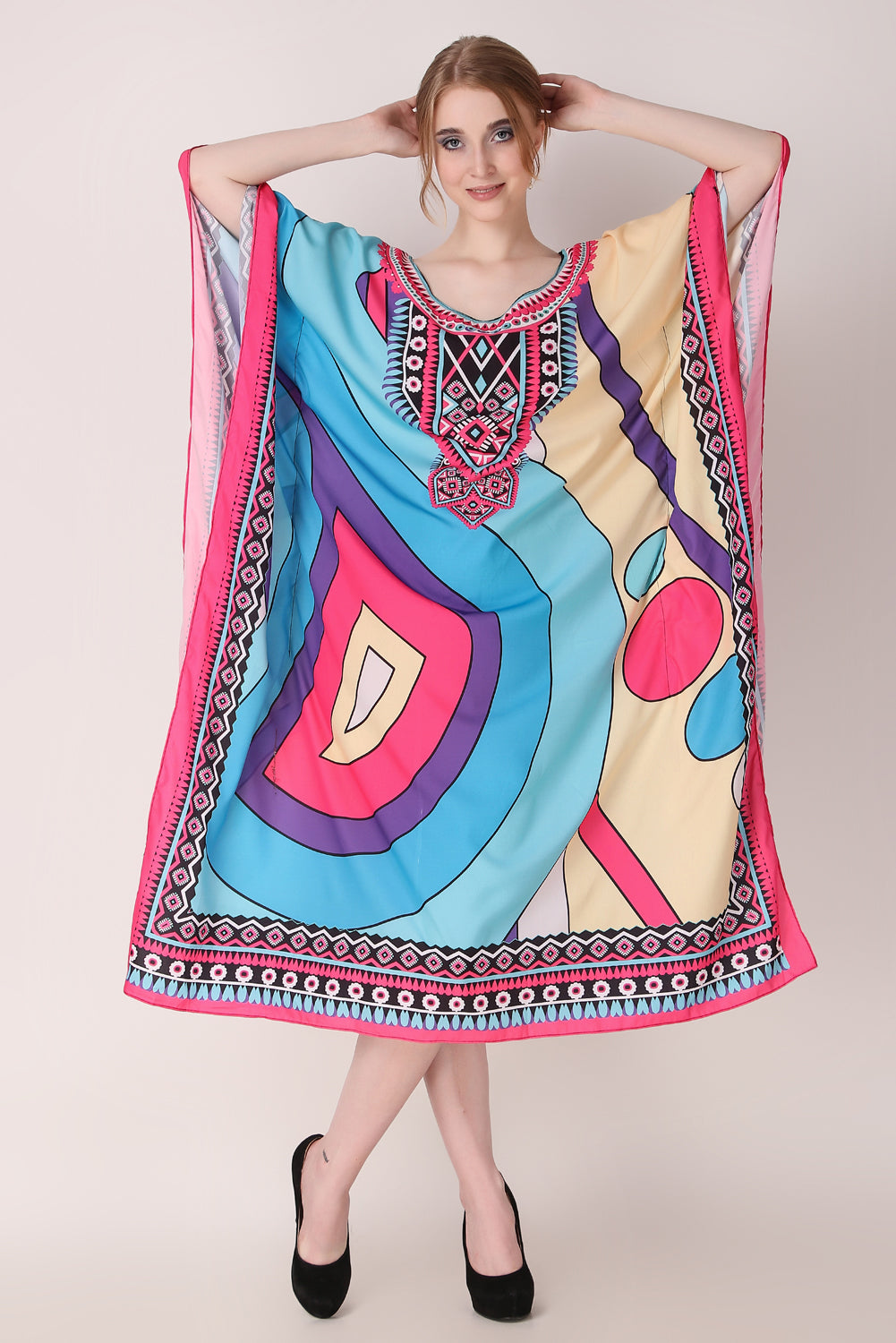 Rabiya - Noha - Printed Multicolor Abstract Designer Kaftan