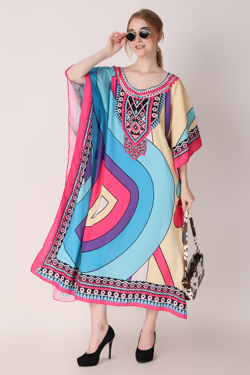 Rabiya - Noha - Printed Multicolor Abstract Designer Kaftan