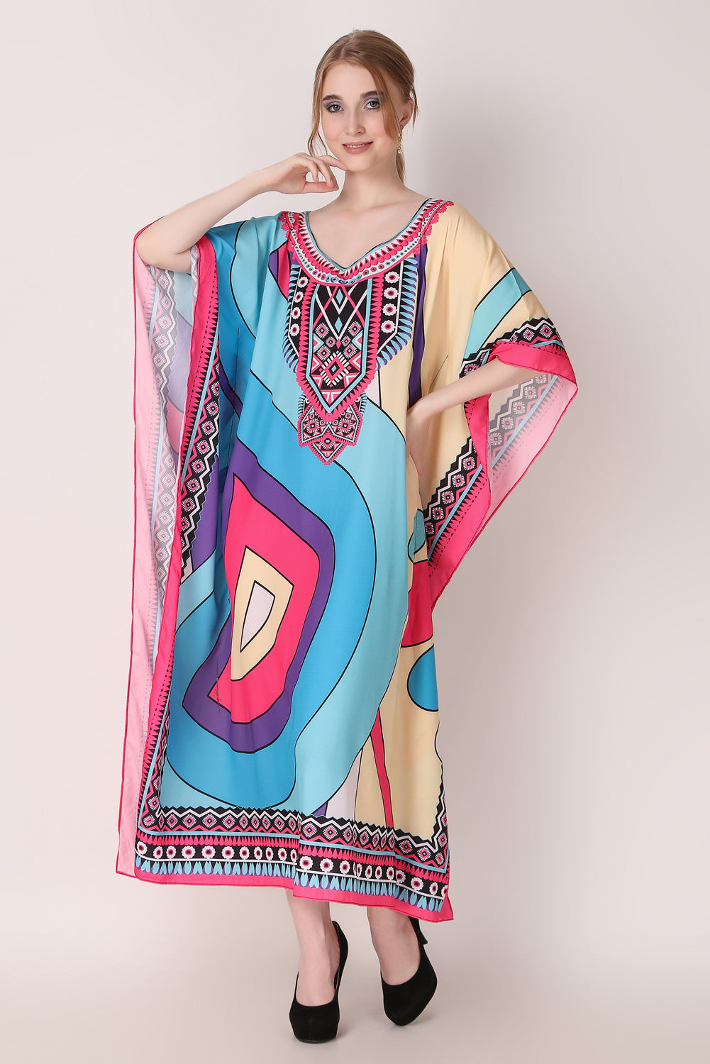 Rabiya - Noha - Printed Multicolor Abstract Designer Kaftan