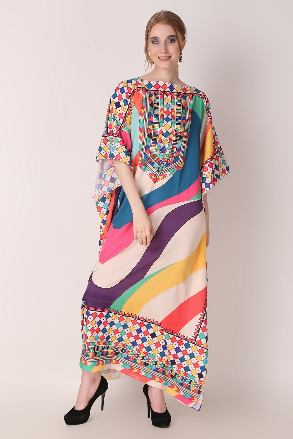 Rabiya - Noha - Designer Neck Abstract Digital Print Boat Neck Kaftan