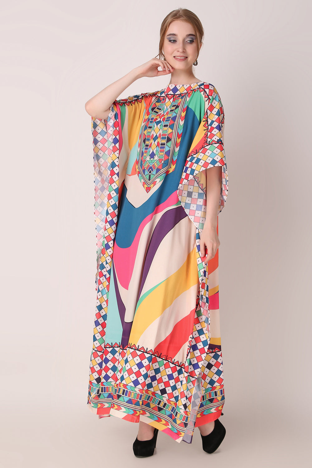 Rabiya - Noha - Designer Neck Abstract Digital Print Boat Neck Kaftan