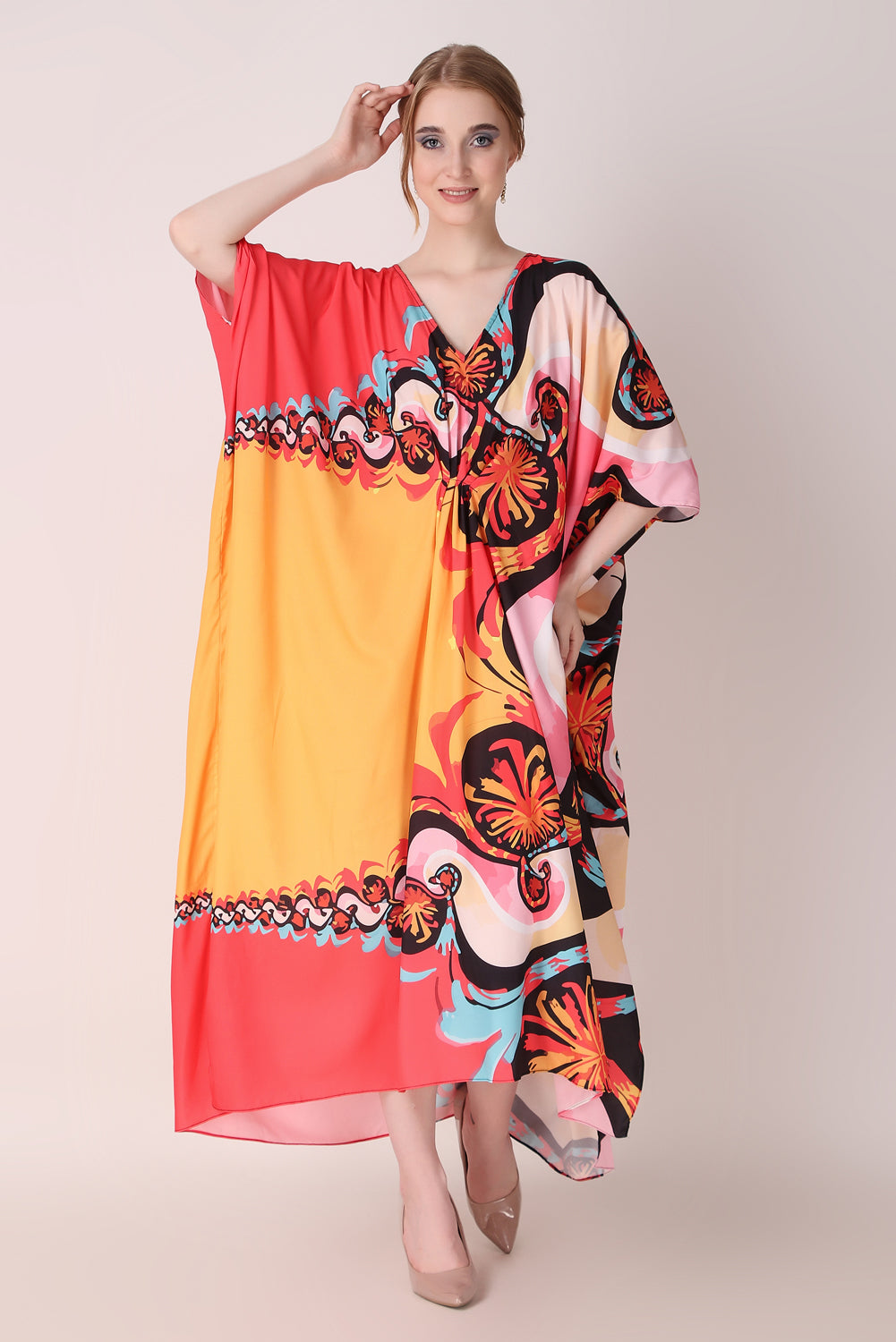 Rabiya - Noha - Abstract Print Red and Yellow Kaftan