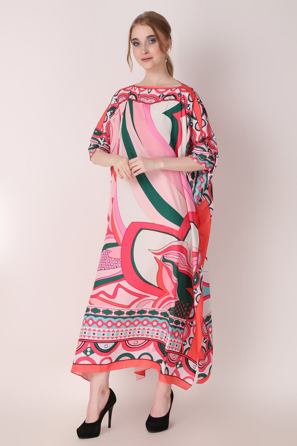 Rabiya - Noha - Pink Abstract Print Designer Boat Neck Kaftan