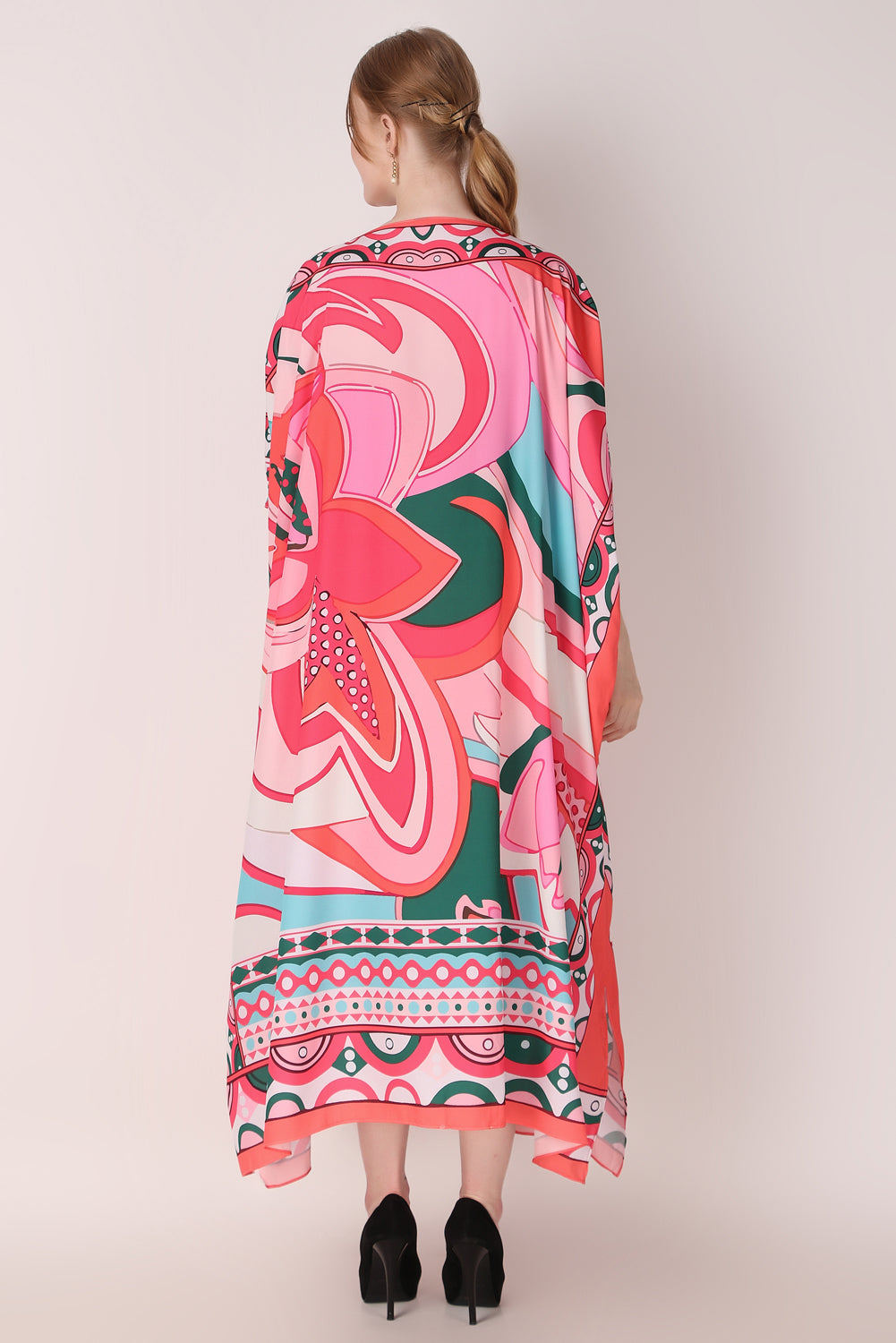 Rabiya - Noha - Pink Abstract Print Designer Boat Neck Kaftan