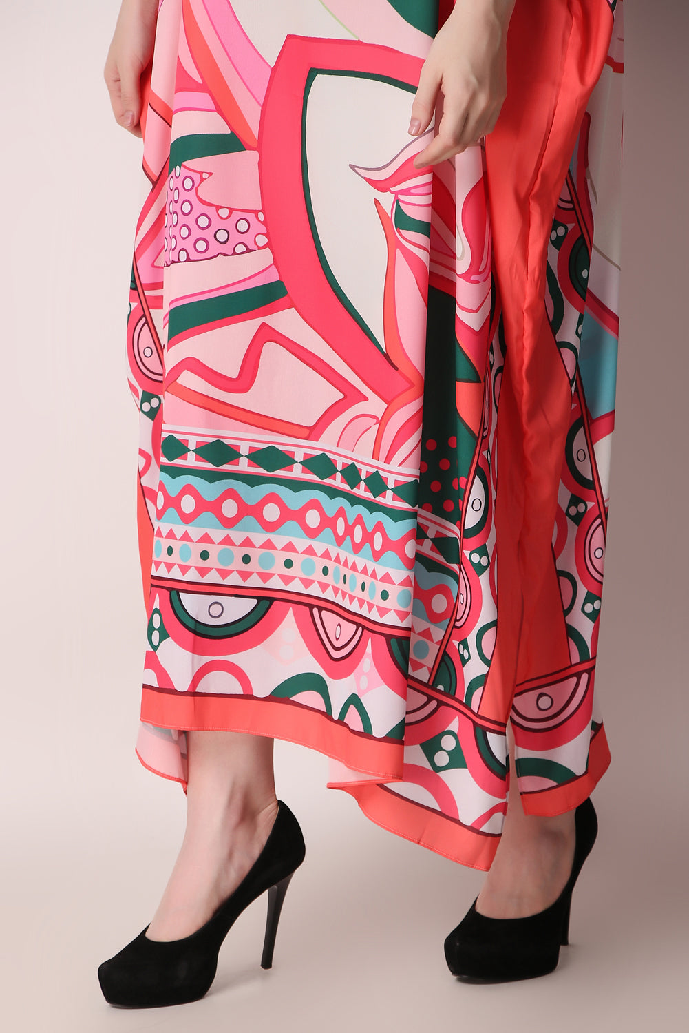 Rabiya - Noha - Pink Abstract Print Designer Boat Neck Kaftan