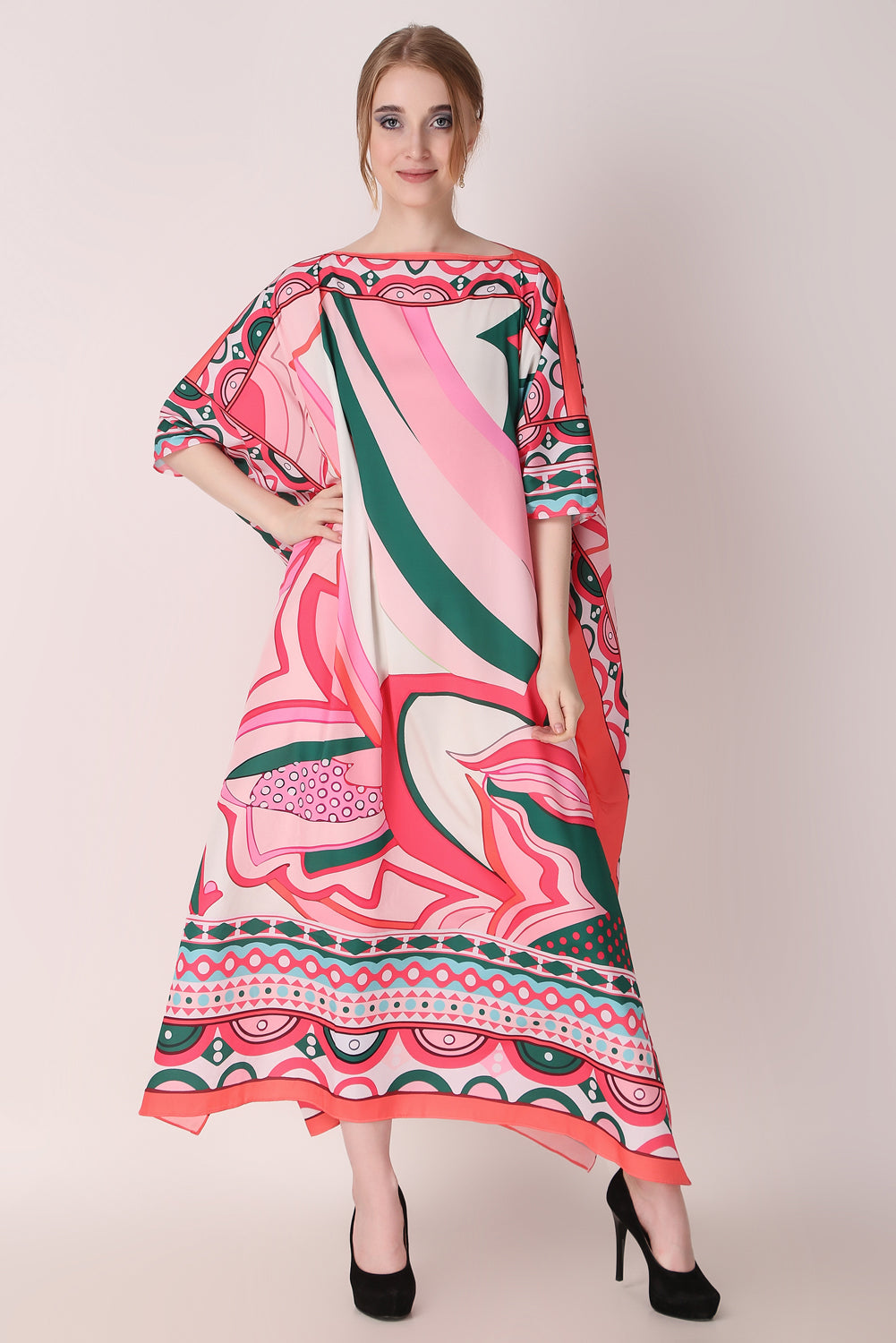 Rabiya - Noha - Pink Abstract Print Designer Boat Neck Kaftan