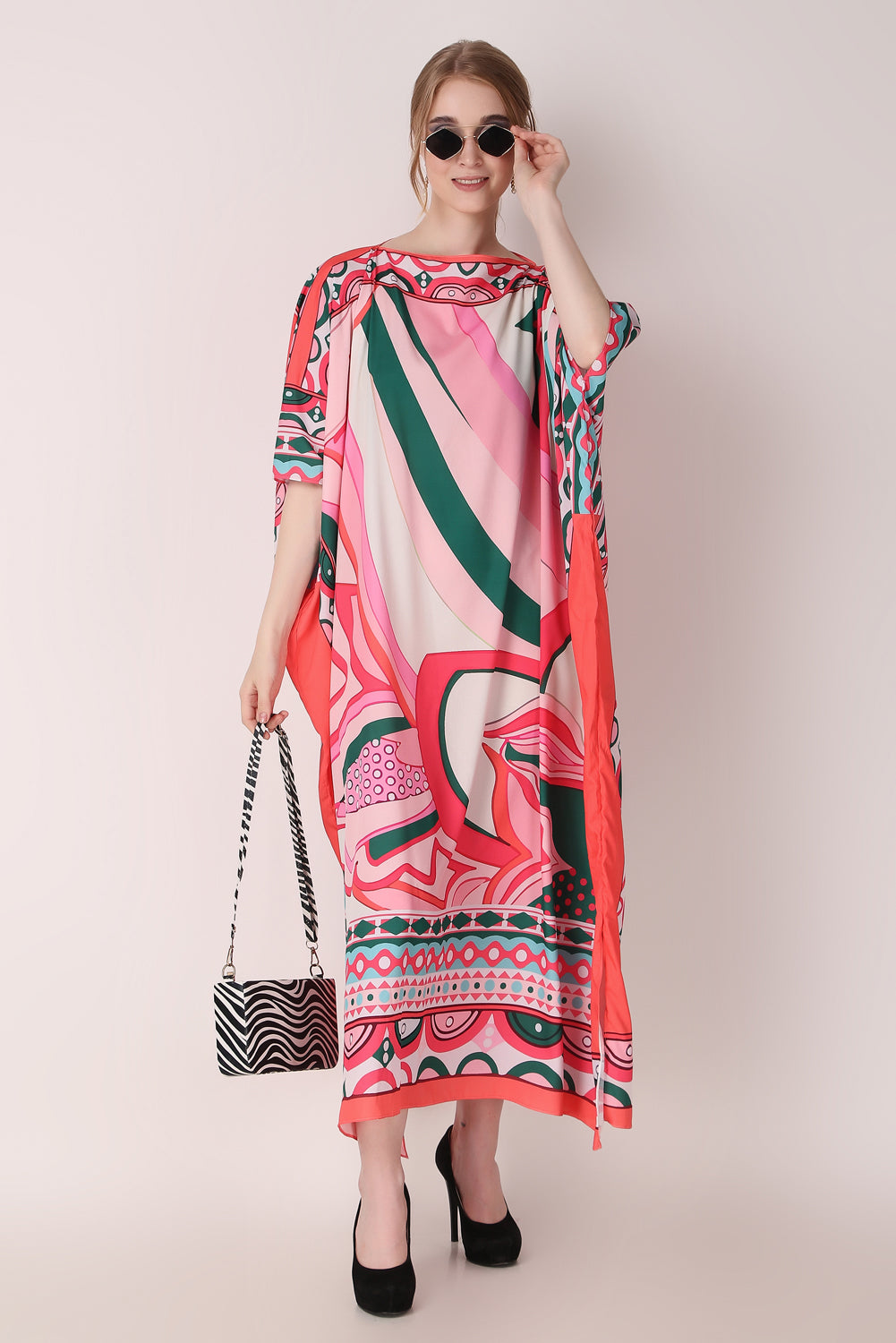 Rabiya - Noha - Pink Abstract Print Designer Boat Neck Kaftan