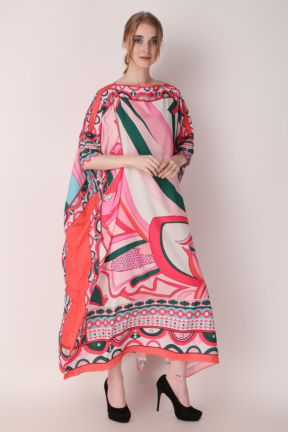 Rabiya - Noha - Pink Abstract Print Designer Boat Neck Kaftan