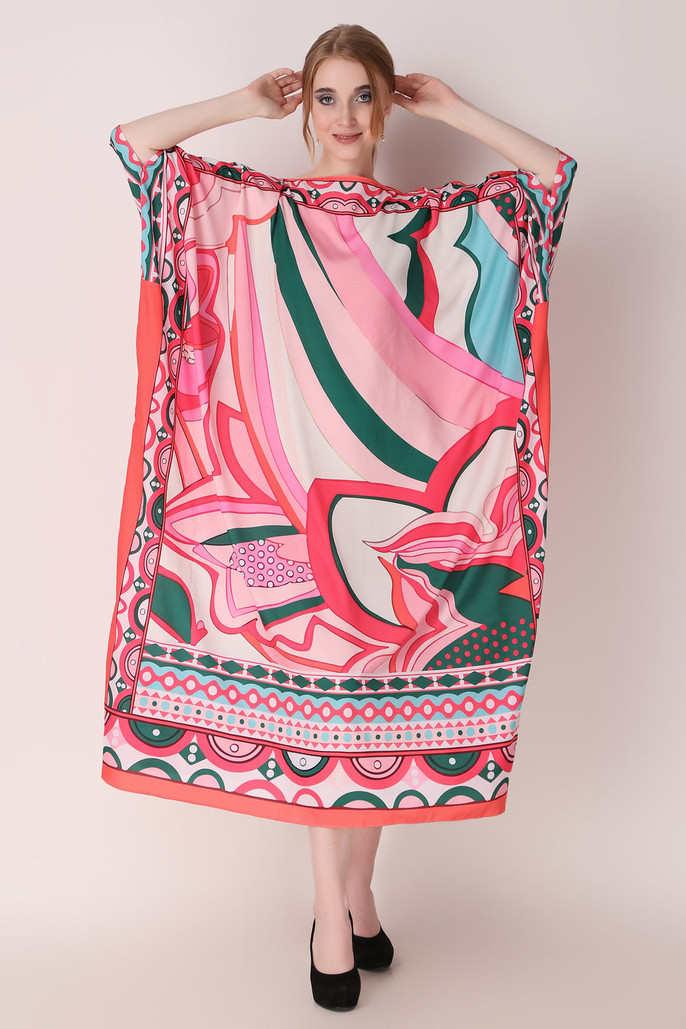 Rabiya - Noha - Pink Abstract Print Designer Boat Neck Kaftan