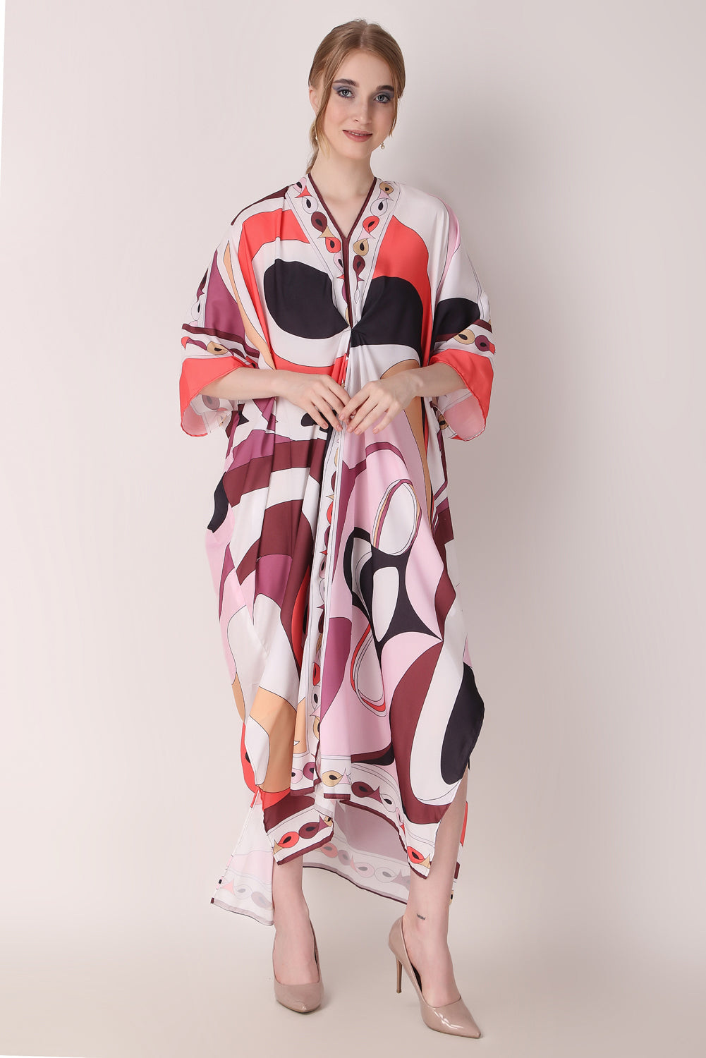 Rabiya - Noha - Multicolor Abstract Print Designer Boat V Neck Designer Kaftan