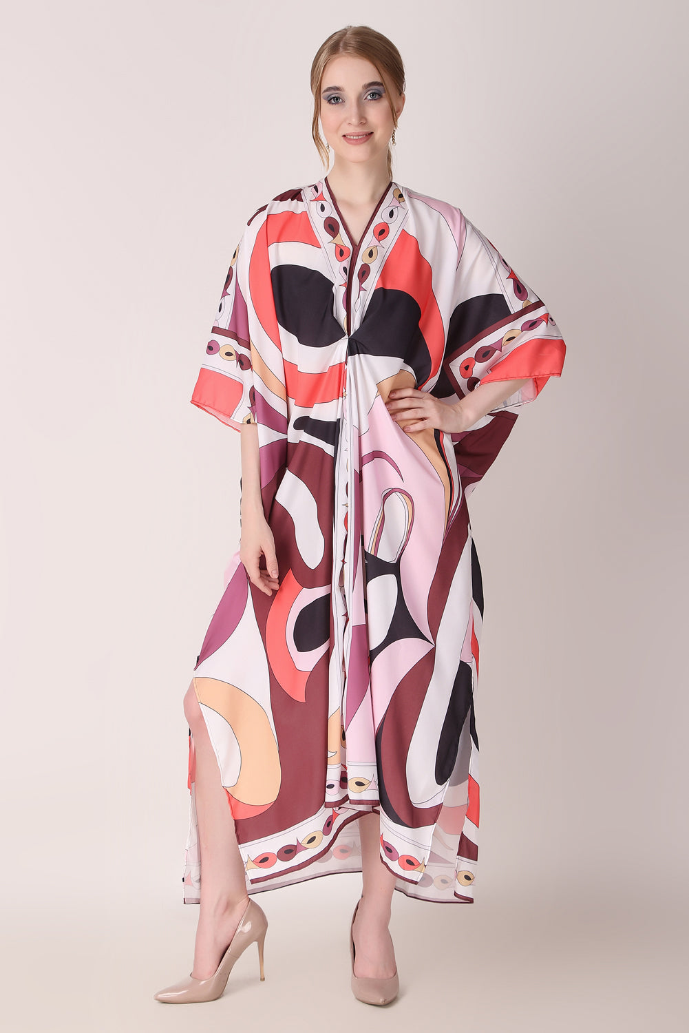 Rabiya - Noha - Multicolor Abstract Print Designer Boat V Neck Designer Kaftan