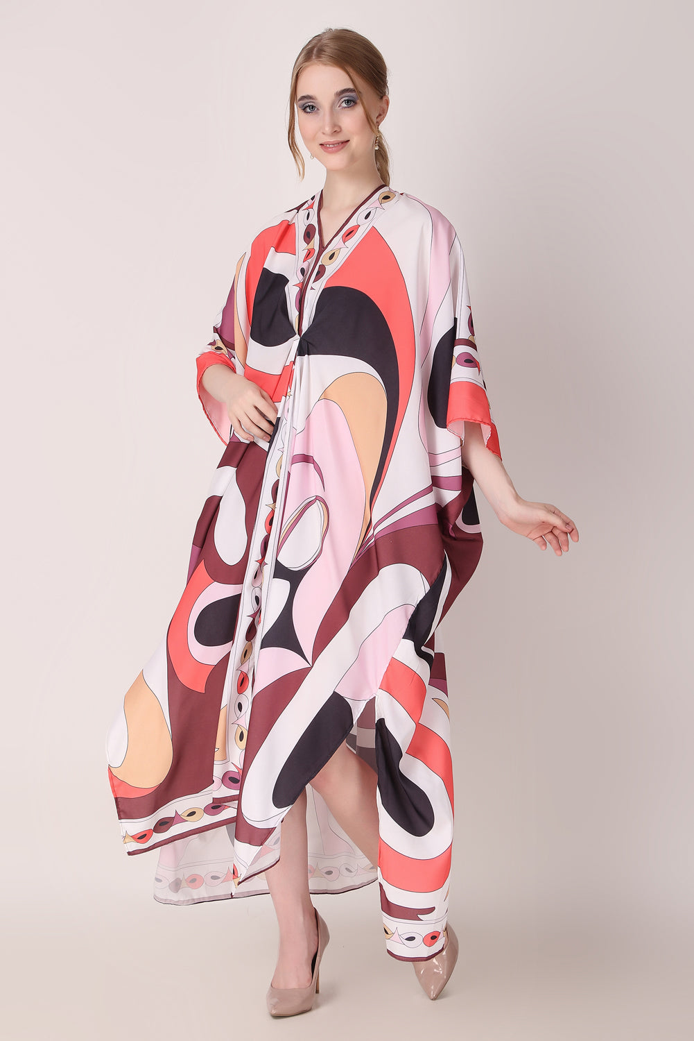 Rabiya - Noha - Multicolor Abstract Print Designer Boat V Neck Designer Kaftan