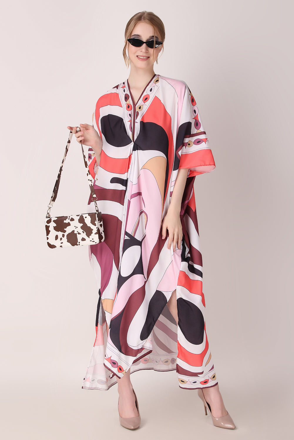 Rabiya - Noha - Multicolor Abstract Print Designer Boat V Neck Designer Kaftan