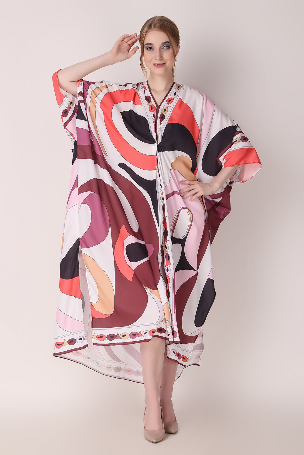 Rabiya - Noha - Multicolor Abstract Print Designer Boat V Neck Designer Kaftan