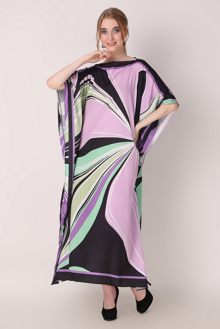 Rabiya - Noha - Multicolor Abstract Digital Print Boat Neck Kaftan Dress